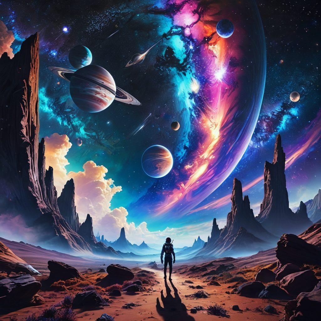 A cosmic landscape infused with vibrant colors, featuring a sleek spaceship sailing through a starry galaxy filled with whimsical planets and ethereal nebulae. Silhouettes of sensual anime characters can be seen in the foreground, dressed in futuristic outfits that hint at erotic themes, adorned with shimmering accents. The backdrop conveys a feeling of exploration and adventure, inviting the viewer into the vastness of space. super-realistic. vibrant colors. 3D.